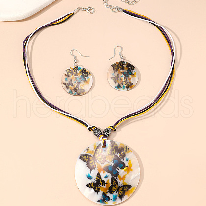 Boho Printed Natural Shell Graffiti Flat Round Pendant Earrings & Necklaces Set FS-WG2A623-06-1