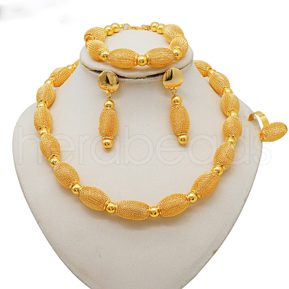 Oval Alloy Beaded Necklace & Stud Dangle Earring & Bracelet & Ring Sets FS-WGA4855-01-1