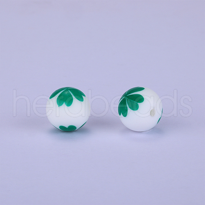 Printed Round with Clover Pattern Silicone Focal Beads SI-JX0056A-178-1