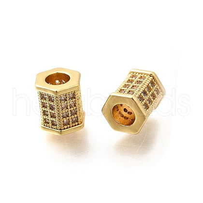Rack Plating Hexagon Brass Micro Pave Clear Cubic Zirconia Beads KK-Q040-10G-1