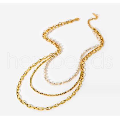 304 Stainless Steel Box & Imitation Pearl Chains 3 Layer Necklaces JN1127A-1