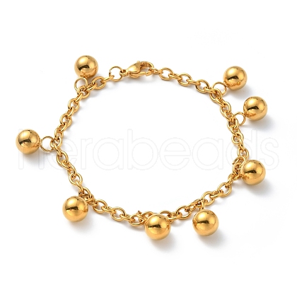 Vacuum Plating 201 Stainless Steel Round Beads Charm Bracelet with 304 Stainless Steel Chains for Women BJEW-E108-07G-1