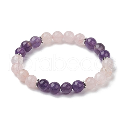 8mm Round Natural Rose Quartz & Amethyst Beaded Stretch Bracelets for Women Men BJEW-JB10533-01-1