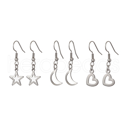 Non-Tarnish 3 Pair 3 Style 304 Stainless Steel Dangle Earrings EJEW-JE05494-01-1