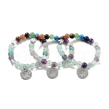 Natural Fluorite Round Beaded Chakra Stretch Bracelets BJEW-K251-01C-1