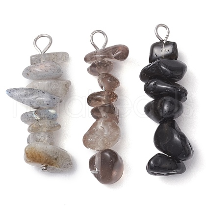 Gradient Color Natural Smoky Quartz & Natural Obsidian & Natural Labradorite Chip Beaded Pendants PALLOY-JF02791-07-1