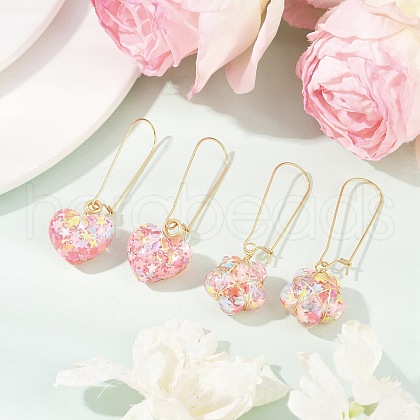 2 Pairs 2 Styles Heart & Flower Resin Dangle Hoop Earrings EJEW-JE06352-1