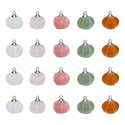 20Pcs 5 Styles Natural & Synthetic Mixed Gemstone Pumpkin Charms with Platinum Plated Brass Loops PALLOY-FH00025-1