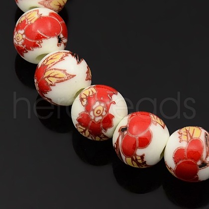 Handmade Printed Porcelain Round Beads Strands PORC-L004-10mm-08-1