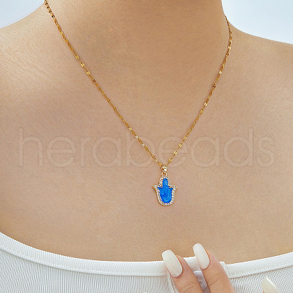 Vintage Brass Pave Clear Cubic Zirconia & Royal Blue Enamel Hamsa Hand Pendant Necklaces for Daily Wear and Holiday Gift CS1559-1-1