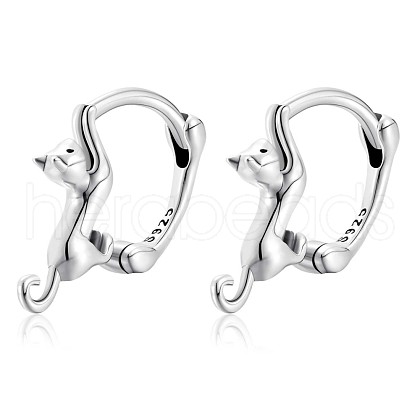 Anti-Tarnish Rhodium Plated 925 Sterling Silver Cute Cat Hoop Earrings for Women JE1005A-1