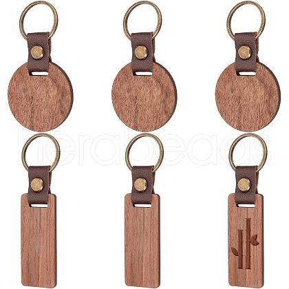  6Pcs 2 Style Imitation Leather & Walnut Wood Keychain KEYC-NB0001-47-1