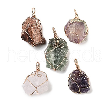 Raw Rough Natural Mixed Stone Copper Wire Wrapped Big Pendants G-B077-01G-01-1