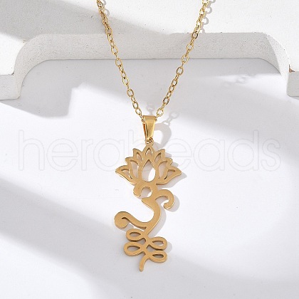 304 Stainless Steel Hollow Cut Yoga Om Lotus Flower Pendant Necklaces NJEW-Z073-02G-04-1
