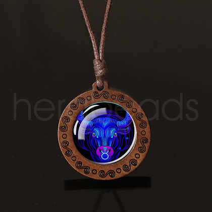Flat Round with Twelve Constellations Blue Glass & Wood Pendant Waxed Leather Cord Necklace for Women Men WG486C3-02-1