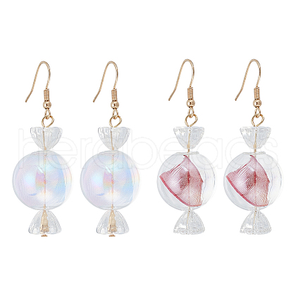 FIBLOOM 2 Pairs 2 Colors Lace Inside Glass Candy Ball Dangle Earrings EJEW-FI0001-15-1