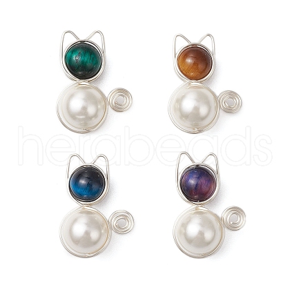 4Pcs 4 Colors Shell Pearl & Natural Tiger Eye(Mixed Dyed and Undyed) Copper Wire Wrapped Cat Shape Pendants PALLOY-TA00179-1