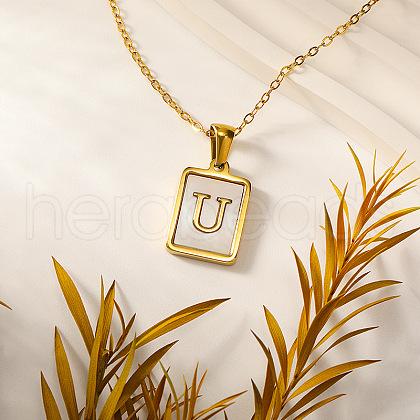 Rectangle Stainless Steel Pave Natural White Shell Initial Pendant Necklaces for Women FS-WGB5EDA-21-1