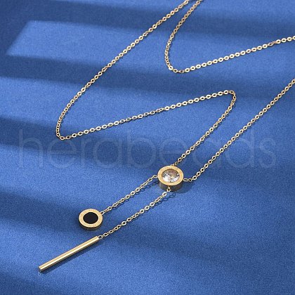 304 Stainless Steel Crystal Rhinestone Flat Round Pendant Y Necklaces NJEW-V001-03G-1