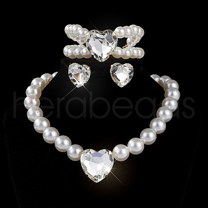 Heart Glass Rhinestone & Plastic Pearl Beaded Necklaces & Stud Earrings & Bracelets Sets FS-WGC950C-08-1