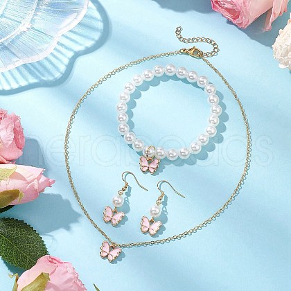 Alloy Enamel Butterfly Charm Necklaces & Dangle Earring & ABS Plastic Imitation Pearl Beads Bracelets Sets SJEW-JS01315-01-1