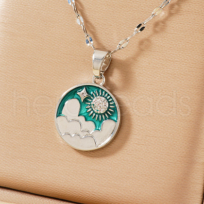 Brass Green Enamel 3D Flat Round Sky Sun Pendant Necklaces AR2379-1-1