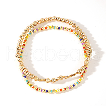 2Pcs Fashionable Brass & Seed Beads Beaded Stretch Bracelet Sets for Women ZD1327-1-1