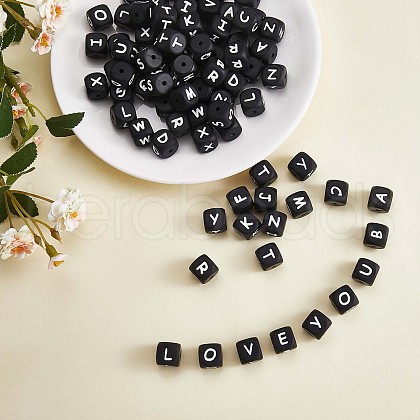 20Pcs Black Cube Letter Silicone Beads 12x12x12mm Square Dice Alphabet Beads with 2mm Hole Spacer Loose Letter Beads for Bracelet Necklace Jewelry Making JX433Z-1