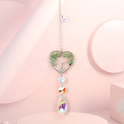 Wire Wrapped Natural Green Aventurine Heart with Tree of Life Pendant Decorations HJEW-K046-02P-07-1