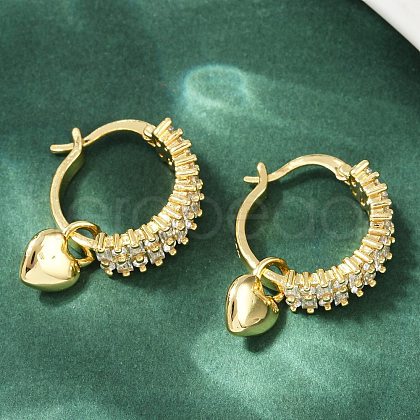 Heart Brass Micro Pave Clear Cubic Zirconia Hoop Earrings EJEW-S275-04G-1