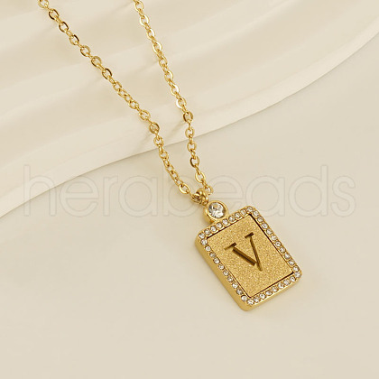 304 Stainless Steel Micro Pave Clear Cubic Zirconia Rectangle with Hollow Letter Pendant Necklaces FS-WGAE794-25-1
