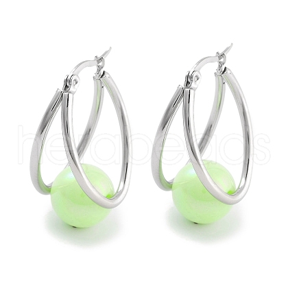 304 Stainless Steel & Plastic Imitation Pearl Oval with Ball Hoop Earrings for Women EJEW-C096-13P-03-1