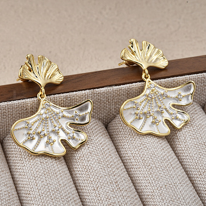 Ginkgo Leaf Brass Pave Clear Cubic Zirconia Stud Dangle Stud Earrings for Women EJEW-G391-10G-02-1