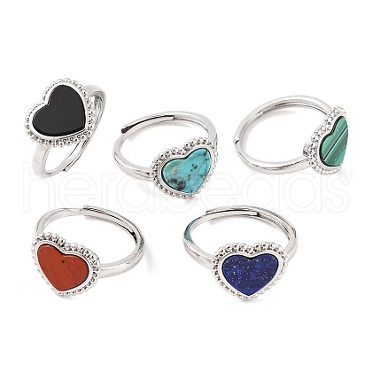 Heart Natural Gemstone Adjustable Rings RJEW-Q817-05P-1
