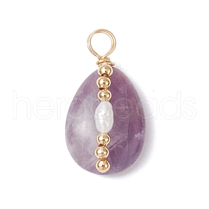Copper Wire Wrapped Natural Amethyst & Natural Cultured Freshwater Pearl Beads Pendants PALLOY-JF03645-04-1