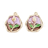 Brass Enamel & Natural Pearl Oval with Rose Flower Pendants KK-K351-47G-01-1