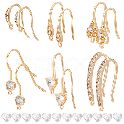 BENECREAT 12Pcs 6 Styles Brass Cubic Zirconia Earring Hooks KK-BC0010-16-1