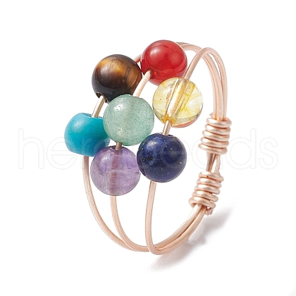 Natural & Synthetic Mixed Gemstone Round Beaded Chakra Theme Fringer Ring RJEW-TA00107-1