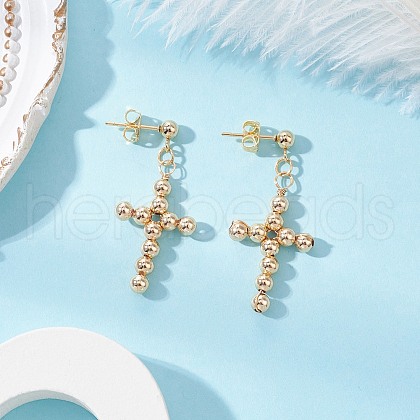 Brass Beaded Cross Dangle Stud Earrings EJEW-JE06479-01-1