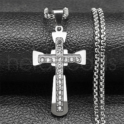 304 Stainless Steel Crystal Rhinestone Religion Cross Pendant Necklaces NJEW-H065-08P-1
