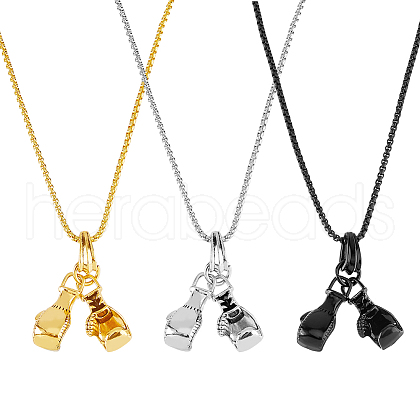 FIBLOOM 3Pcs 3 Colors Stainless Steel Boxing Glove Pendant Necklaces Set with Box Chains for Men NJEW-FI0001-25-1