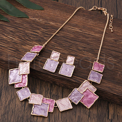 Square Zinc Alloy Enamel Pendant Necklaces & Stud Dangle Earrings Sets FS-WG2E030-06-1