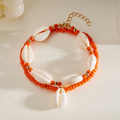 Bohemian Style Natural Cowrie Shell Charm & Glass Seed Beaded Stretch Double Layer Anklets for Women FS-WGC801A-03-1