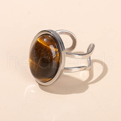 304 Stainless Steel & Natural Tiger Eye Cuff Rings FS-WGDE3F0-03-1
