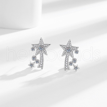 Brass Micro Pave Clear Cubic Zirconia Star Stud Earrings EJEW-B134-01-1