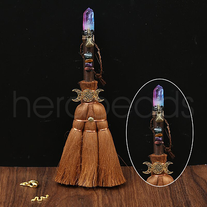 Wood Witch Broom with Synthetic Quartz Pendant Decorations AUTO-PW0001-15J-1