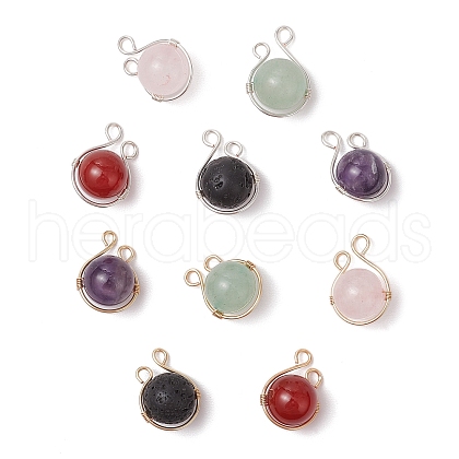 10Pcs 10 Styles Natural Green Aventurine & Rose Quartz & Lava Rock & Carnelian & Amethyst Copper Wire Wrapped Round Pendants PALLOY-JF03609-1