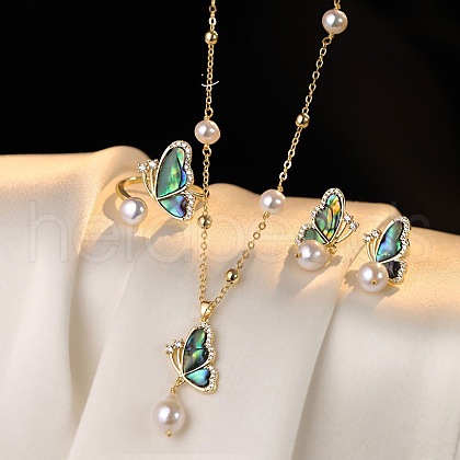 Brass Cubic Zirconia & Abalone Shell & Imitation Pearl Jewelry Set FS-WG1B634-01-1