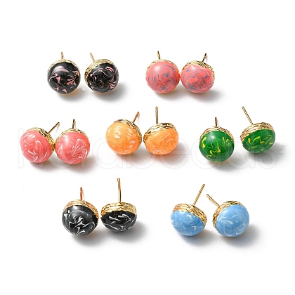 Enamel Half Round Stud Earrings EJEW-P229-01G-1