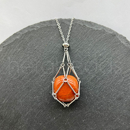 Natural Red Jasper Nuggets Macrame Pouch Pendant 201 Stainless Steel Chain Necklaces FS-WG7A779-05-1
